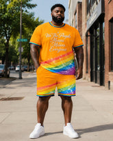 Big & Tall Men's Orange Rainbow We The People Slogan Print Round Neck Short Sleeve T-Shirt Shorts Set