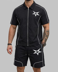 S-6XL Star Print Zip Shirt Set Beach Two-Piece Set