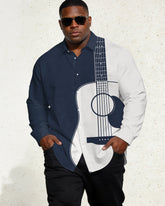 Men's Large Size Royal Blue, White Music Guitar Long Sleeve Lap Shirt