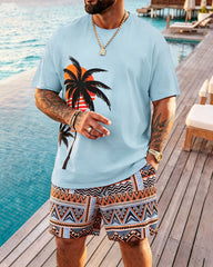 Big & Tall Men's Bohemian Coconut Tree Print Crewneck Short Sleeve T-Shirt Shorts Set