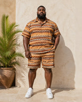 Big & Tall Men's Retro Brown Geometric Wave Print Short Sleeve Shirt And Shorts Set