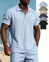 S-3XL Solid Color Linen Casual Lasel Buckle Polo Shirt Short Sleeve