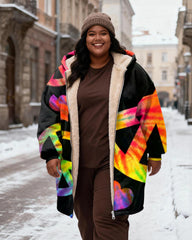 Women's Tie-Dye Love Peace Print Velvet Thickened Long Hooded Coat