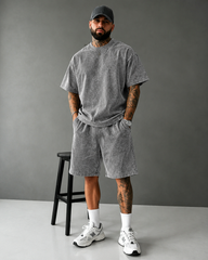 S-3XL Heavyweight Pure Cotton Washed-and-distressed T-shirt And Capri Pants Casual Set