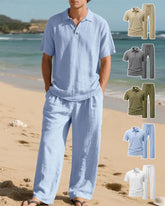 S-3XL Linen Lapel Short Sleeve Trousers Casual Suit