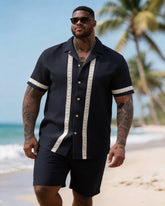 Big & Tall Men's Lace Stitching Printed Short Sleeve Shirt Shorts Set