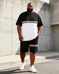 Big & Tall Men's Black And White Color Contrast Rainbow Stripe Printed Round Neck Short Sleeve T-Shirt Shorts Set