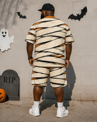 Big & Tall Men's Halloween Mummy Bandage Eye Print Round Neck Short Sleeve T-Shirt Shorts Set