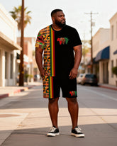 Big & Tall Men's African Kent Pattern Patchwork Printed Crewneck Short Sleeve T-Shirt Shorts Set