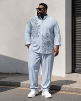 Big & Tall Men's Line Drawing Floral Print Stand Collar Long Sleeve Shirt Trousers Set