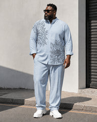 Big & Tall Men's Line Drawing Floral Print Stand Collar Long Sleeve Shirt Trousers Set