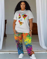 Women's Plus Size Color Printing T-Shirt and Trousers Suit