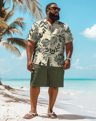 Big Guy Hawaiian Tropical Leaf Print Green Shirt Shorts Set