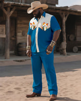 Big & Tall Men's Western Style Color Matching Casual Cute Cat Printing-short Sleeve Shirt Pants Suit