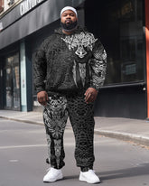Men's Plus Black and White Dragon Totem Print Hoodie Set