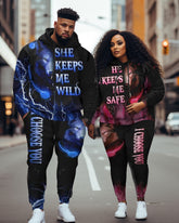 Couple Big and Tall  Wolf Hoodie And Sweatpants Set He Keeps Me Safe She Keeps Me Wild Pink And Blue
