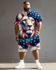 Men's Plus Size Independence Day Flag Lion Print T-Shirt Set