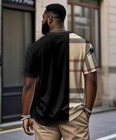 Men's Plus Size Daily Casual Black Khakis Stripe Alphabet Print Henry Collar Button Short Sleeve T-Shirt