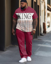 Men's Plus Size King Color-Blocked Plaid Casual Street Short-Sleeved Trousers Casual Two-Piece Set