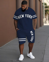 Men's Plus Size Old School New York Lettering Stripes Short Sleeve T-Shirt Shorts Suit