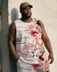 Big & Tall Men's White Vintage Striped Floral Print Tank Top Shorts Suit