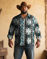 Men's Plus Size Retro Western Cow Gray Blue Pattern Print Long Sleeve Shirt