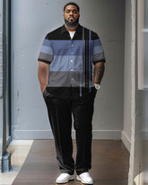 Striped Color Contrast Big & Tall Classic Printed Men's Short Sleeve Pants Set