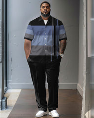 Striped Color Contrast Big & Tall Classic Printed Men's Short Sleeve Pants Set
