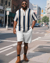 Men's Plus Size Business White Blue Stripe Print Short Sleeve Polo Shirt Shorts Suit