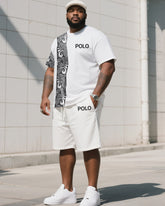 Men's Plus Size White Creative Stripe Polo English Print T-Shirt Shorts Suit