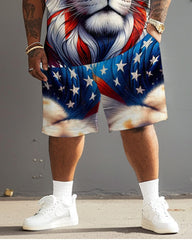 Men's Plus Size Independence Day Flag Lion Print T-Shirt Set