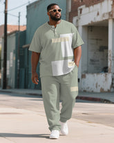 Men's Plus Size Green Colorblock Printed Henry Collar T-shirt Trousers Suit