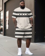 Striped Patchwork Letter Print T-Shirt Shorts Set Big & Tall Men's