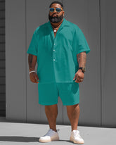 Big Men's Simple Green Solid Color Short Sleeve Shirt Shorts Set