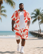 Men's Daily Casual Lobster Printed Big and Tall Short Sleeve Shirt Shorts 2-Piece Set