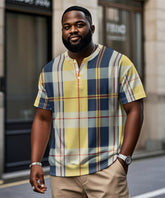 Men's Plus Size Yellow Check Print Henry Collar Button Short Sleeve T-shirt