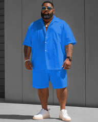 Big Men's Simple Blue Solid Color Short Sleeve Shirt Shorts Set