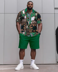 Big & Tall Men's Daily Leisure. High-grade Irregular Print Shirt Shorts Suit