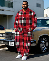 Men's Simple Fashion Red Plaid Printed Daily Casual Big & Tall Long Sleeve Shirt Pants Set