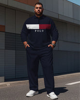 Men's Simple Blue Colorblock Striped Alphabet Print Polo Shirt Zipper Pants Suit