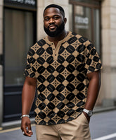 Men's Plus Size Daily Casual Khachi Geometric Diamond Print Henry Collar Button Short Sleeve T-Shirt