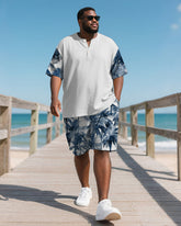 Men's Plus Size Hawaiian Blue Coconut Leaf Print Henry Collar Short Sleeve T-Shirt Shorts Suit