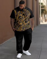 Men's Plus Size Black Dragon Totem Print T-Shirt Trousers Suit