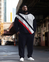 Men's Large Size Casual Diagonal Strip Color Block Long Sleeve Hoodie Sports Two-piece Suit