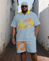 Big and Tall Men's Simple Music Note Printed Casual Short-Sleeve Polo Shirt Shorts Set