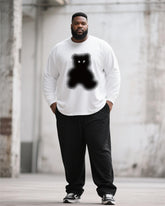 Big & Tall Men's Black And White Geometric Bear Print Long Sleeve T-Shirt Pants Suit
