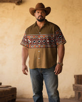 Men's Plus Size Khaki Western Denim Cotton Blend Short Sleeve Shirt