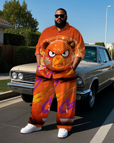 Big and Tall Men's Fashion Serious Bear Graffiti Printed Lapel Long Sleeve Shirt Pants Set
