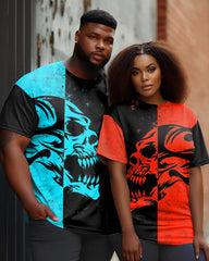 Couple Large Size Color Block Skull Round Neck Short Sleeve T-Shirt