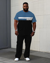 Men's Plus Size Casual Black & Blue "Respect" Slogan Chest Print Short Sleeve T-Shirt Trousers Suit
